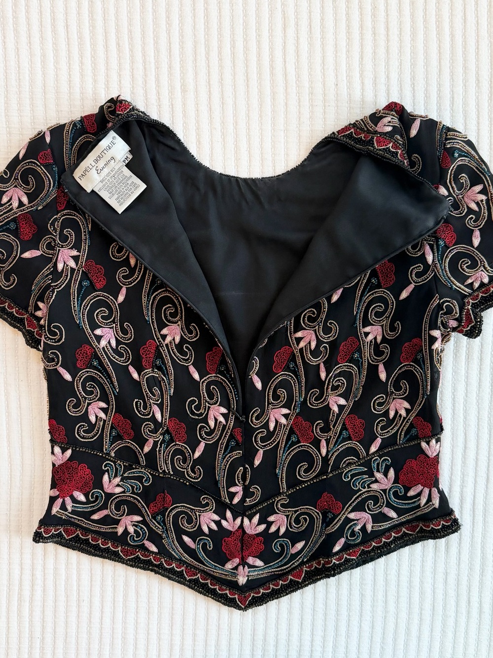 Vintage 100% Silk Embroidered & Beaded Floral Cropped Top by Papell Boutique - Picture 6 of 8